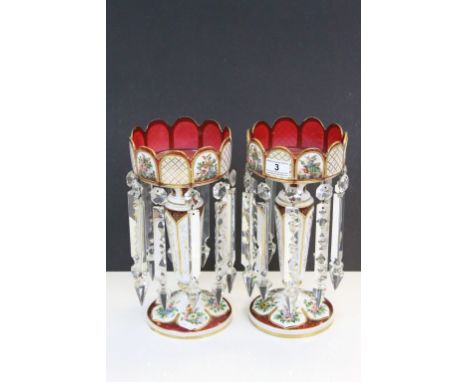 Pair of Victorian Enamel painted Ruby glass Lustres with Faceted crystal drops