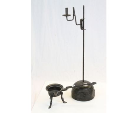 Antique Iron Rushlight Holder and Candle Holder set in a heavy wooden base plus an Antique Cast Iron Smelting Pot on Tripod f