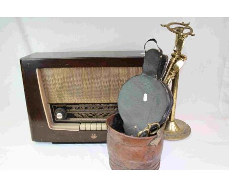 Vintage "Regentone" Radio, Brass fireside Tools, copper bucket etc