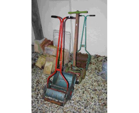 Three Vintage Push-along Lawnmowers including Webb, The British Binch and Qualcast with Collection Container
