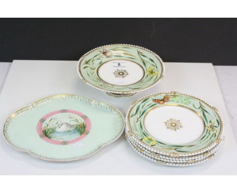 Small collection of 19th Century ceramic plates and cake stand with hand painted Butterfly decoration and Swan decoration to 