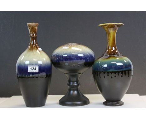 Three Persian drip glaze ceramic vases in various designs