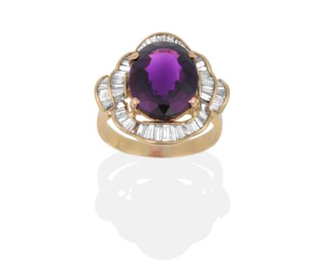 An Amethyst and Diamond Cluster Ring, an oval mixed cut amethyst in a yellow four claw setting, in an undulating border of ch