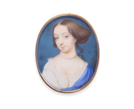  ~ Peter Cross (circa 1650-1724) Portrait of a Lady with upswept brown hair, with white chemise and blue background Oval, 2.9