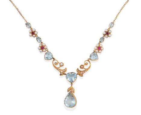 An Aquamarine, Pearl and Ruby Necklace, with ruby and split pearl floral cluster alternating with various cut of aquamarine, 