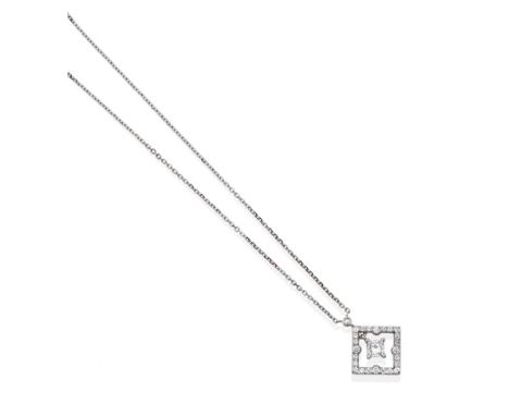 A Diamond Pendant on Chain, a square frame set with round brilliant cut diamonds and a princess cut diamond suspended within,