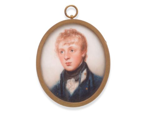 ~ English School (early 19th century)  Portrait of a young boy with curling hair with blue uniform and black stock  Oval, 6c