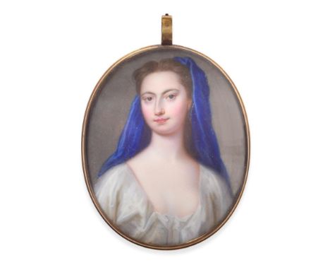  ~ Christian Friedrich Zincke (1683-1767) German Portrait of a lady with parted brown hair, covered with a blue veil Enamel, 
