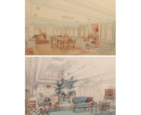 Waring and Gillows (20th century) Interior design for ''The First Saloon Lounge SS Corfu and Carthage'' Watercolour, together
