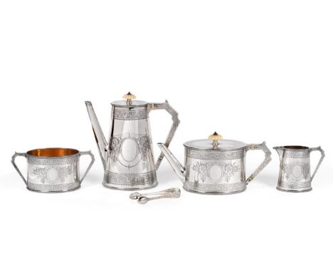 A Victorian Silver Five Piece Tea and Coffee Service, Elkington &amp; Co, Birmingham 1873, oval with bead borders, elaborate 