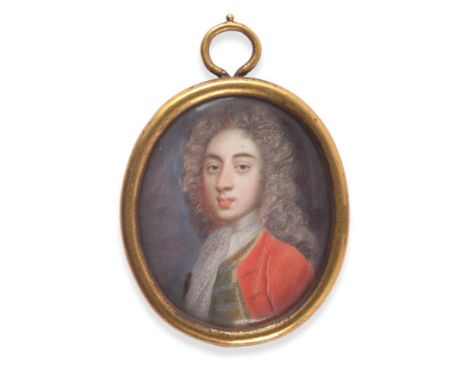  ~ Benjamin Arlaud (1701-1721) Swiss Portrait of a gentleman wearing a red coat, green waistcoat and lace cravat Oval, 3.7cm