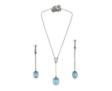 An Early 20th Century Diamond and Aquamarine Drop Necklace; an old cut diamond in a white millegrain setting surmounts a knif