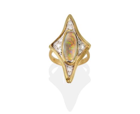 An 18 Carat Gold Opal and Diamond Ring, an oval cabochon opal within a diamond shaped surround, set with round brilliant cut 