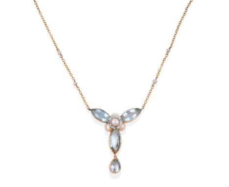 An Early 20th Century Aquamarine and Pearl Pendant Necklace, a trefoil cluster comprising a half pearl within a border of ros