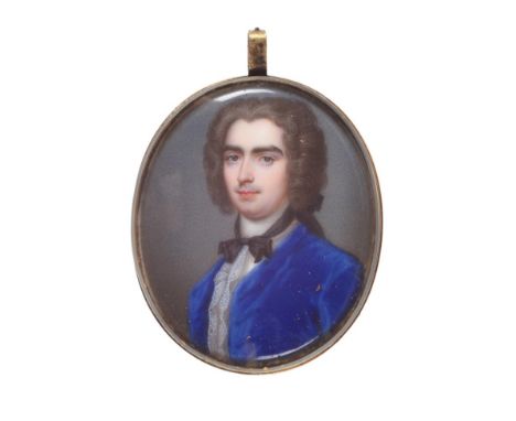  ~ Christian Friedrich Zincke (1683-1767)  German Portrait of a gentleman with brown hair en queue, blue coat and black neckt