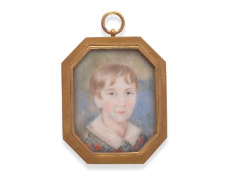  ~ English School (mid-19th century)  Portrait of a young boy in plaid coat and white shirt, the frame with cut corners  Squa
