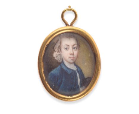  ~ Manner of Charles Dixon (circa 1760) Portrait of a young man with hair on queue wearing a blue coat and white chemise Oval