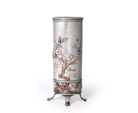 An American Aesthetic Silver and Mixed Metal Vase, Whiting Mfg Co, New York, last quarter 19th century, oval section with pla