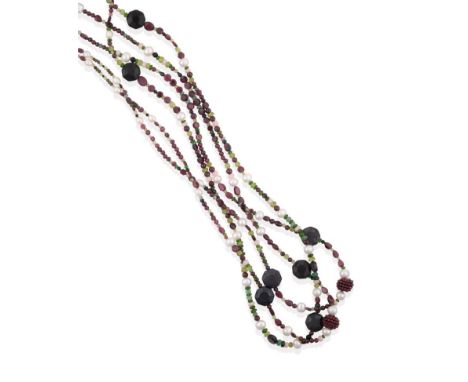 A Multi-Gemstone Bead Necklace, cultured pearls spaced by chrome diopside, obsidian, red and purple garnet, emerald, pink opa