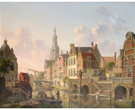 Jan Hendrik Verheyden (1778-1846) Dutch Busy Dutch canal scene Signed and dated 1824, oil on panel, 61cm by 76cm, with a part