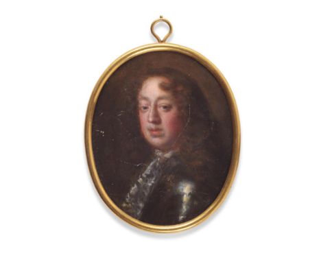  ~ English School (late 17th century)  Portrait of a gentleman wearing armour and lace jabot  Oil on copper, 8.7cm   