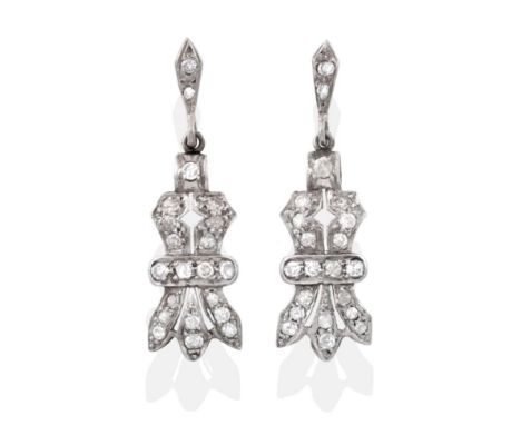 A Pair of Diamond Drop Earrings, the panels of bow-like form set with eight-cut diamonds, total estimated diamond weight 0.40