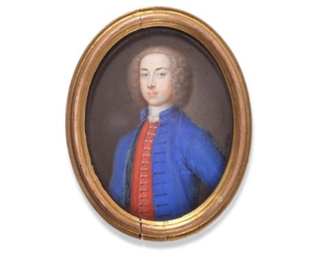  ~ Manner of Jean-Etienne Liotard (1702-1789) Swiss Portrait of a gentleman in a blue coat and red waistcoat Oval, 7.5cm  