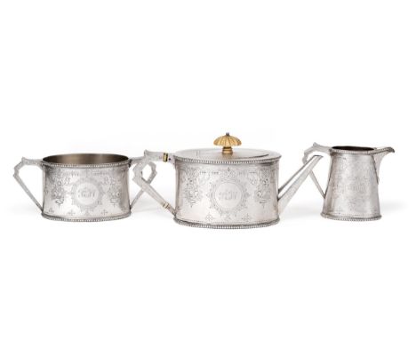 A Victorian Silver Three Piece Tea Service, Samuel Smily for Goldsmiths Alliance, London, 1869/70, oval with bead borders, el