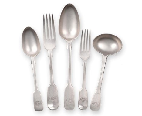 A Service of Victorian Silver Fiddle Pattern Flatware, Samuel Smily for Goldsmiths Alliance, London 1869/70, comprising: 6 ta