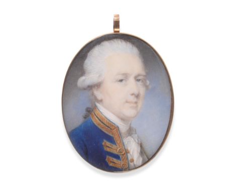  ~ Jeremiah Meyer (1735-1789) German Portrait of a gentleman with blue coat and gold lace against a sky background Oval, 4.5c