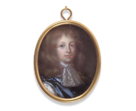  ~ English School (late 17th century) Portrait of a young gentleman with long fair hair and blue doublet Oil on copper, 6.5cm