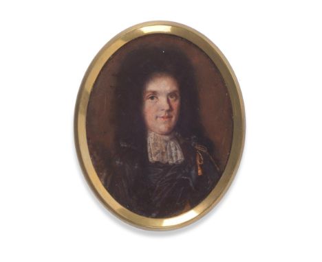  ~ English School (late 17th century)  Portrait of a gentleman wearing a dark wig, black cloak and a lace jabot  Oil on coppe