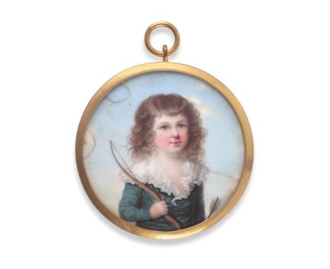  ~ Manner of Horace Hone (late 18th century)  Portrait of a young Toxophilite in a green coat Enamel (cracked) 4.5cm   
