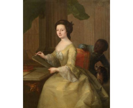  ~ Circle of Francis Cotes RA (1726-1770) Portrait of a lady in a yellow dress holding a pen, with her page and dog behind Oi