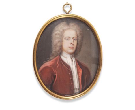  ~ Christian Richter (1678-1732) Swedish Mr Noel wearing a powdered wig and rust coloured coat Monogrammed and inscribed vers