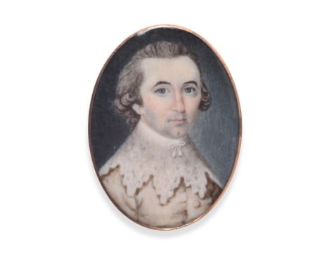  ~ English School (mid 18th century) Portrait of a man with dark hair, wearing a buff coat and 'van Dyck' Collar Oval, 3.2cm 
