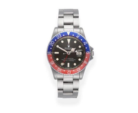 A Rare Stainless Steel Automatic Calendar Centre Seconds Dual Time Zone ''Pepsi'' Bezel Wristwatch, signed Rolex, Oyster Perp