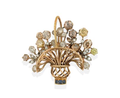 A Diamond and Sapphire Basket Brooch, the old cut round, oval, pear shaped and eight-cut diamonds in varying hues of white, y