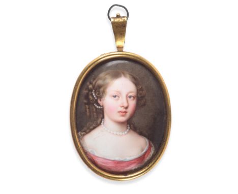  ~ Continental School (late 17th century)  Portrait of a lady wearing a pink gown and white chemise and speckled drape Enamel