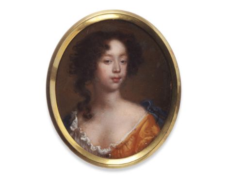  ~ English School (late 17th century) Portrait of lady with hair falling to one shoulder with gold colour gown and white chem
