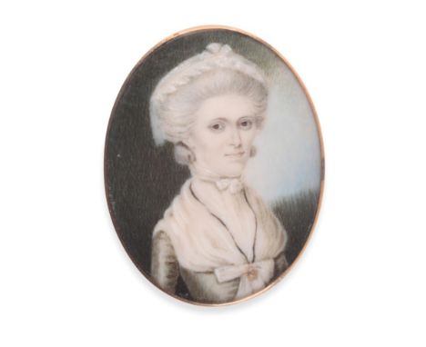  ~ English School (late 18th century)  Portrait of a lady, with backswept powdered hair, lace cap and white fichu Oval, 4cm