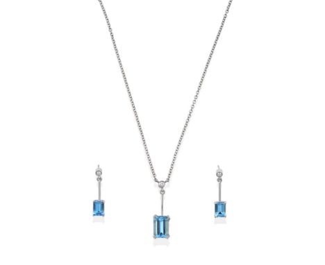 An 18 Carat White Gold Aquamarine and Diamond Necklace, a round brilliant cut diamond in a collet setting surmounts a bar, wi