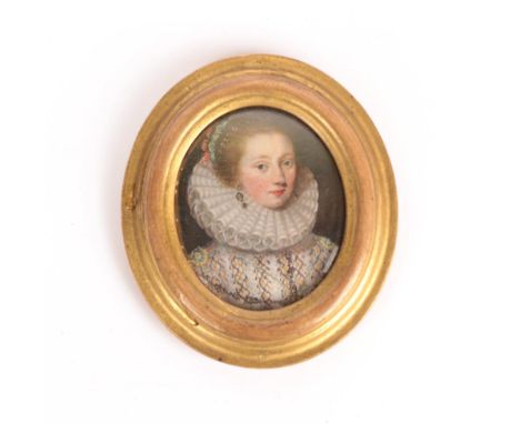  ~ Continental School (circa 1590) Portrait of a lady with light brown hair and embroidered white gown Oval, 4.6cm   