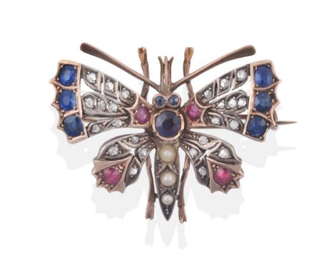 A Late Victorian Sapphire, Ruby, Diamond and Pearl Butterfly Brooch, comprised of round and oval cut rubies and sapphires and