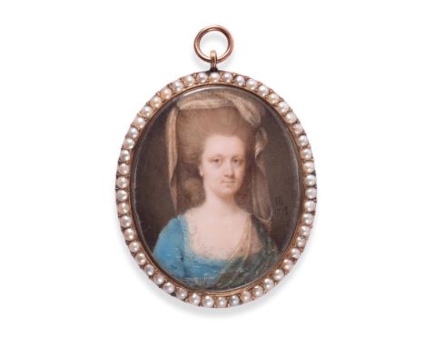 John Bogle (fl.1744-1803) Portrait of a lady in a blue dress  Initialled and dated 1778/9, gouache on ivory, 4.9cm in a seed 