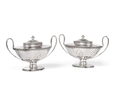 A Pair of George III Silver Twin-Handled Sauce Tureens and Covers, Robert Hennell, London 1783, oval with bead borders on ped