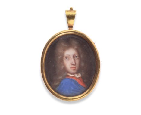  ~ Attributed to Peter Cross (circa 1650-1724) Portrait of a gentleman with brown wig, red coat and blue drape  Oval, 3cm 