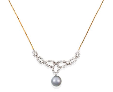 An 18 Carat Gold Diamond and Cultured Pearl Necklace, a looped plaque set with round brilliant cut diamonds in claw settings 