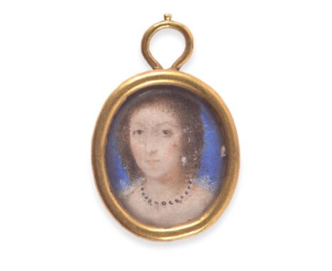  ~ Manner of John Hoskins (1590-1664)  Portrait of a lady with curled brown hair and a blue background, circa 1630  Oval, 2.2