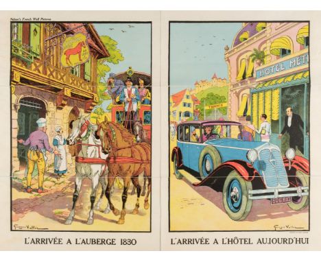 * Vallée (Georges, active 1897-1921). L'Arrivée a l'auberge 1830 / L'Arrivée a l'Hôtel aujourd'hui, two-part colour lithograp